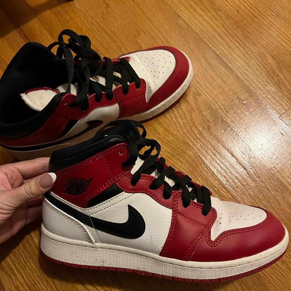 Jordan 1s Kids Red, White, and Black Sneakers